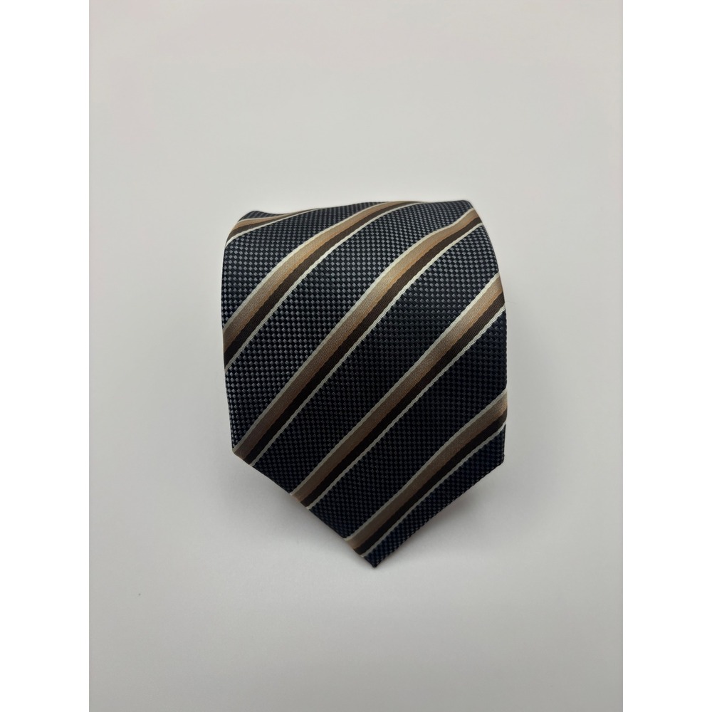 Alexander Julian Colours Mens Necktie Navy Blue Tan Striped Handmade Polyester